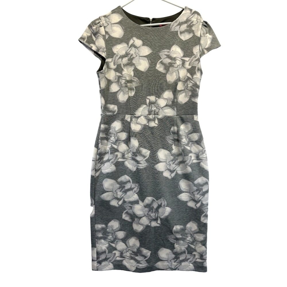 Betsey Johnson Gray Heather Floral Sheath Dress Cap Sleeves 10 Stretch Lined